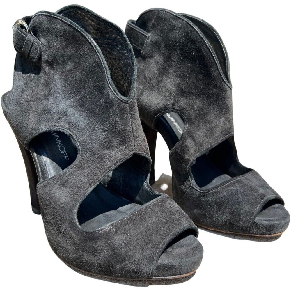 Rebecca Minkoff Demure Toe Suede Bootie High Heel Peep Size 7.5 EU 37.5 Black